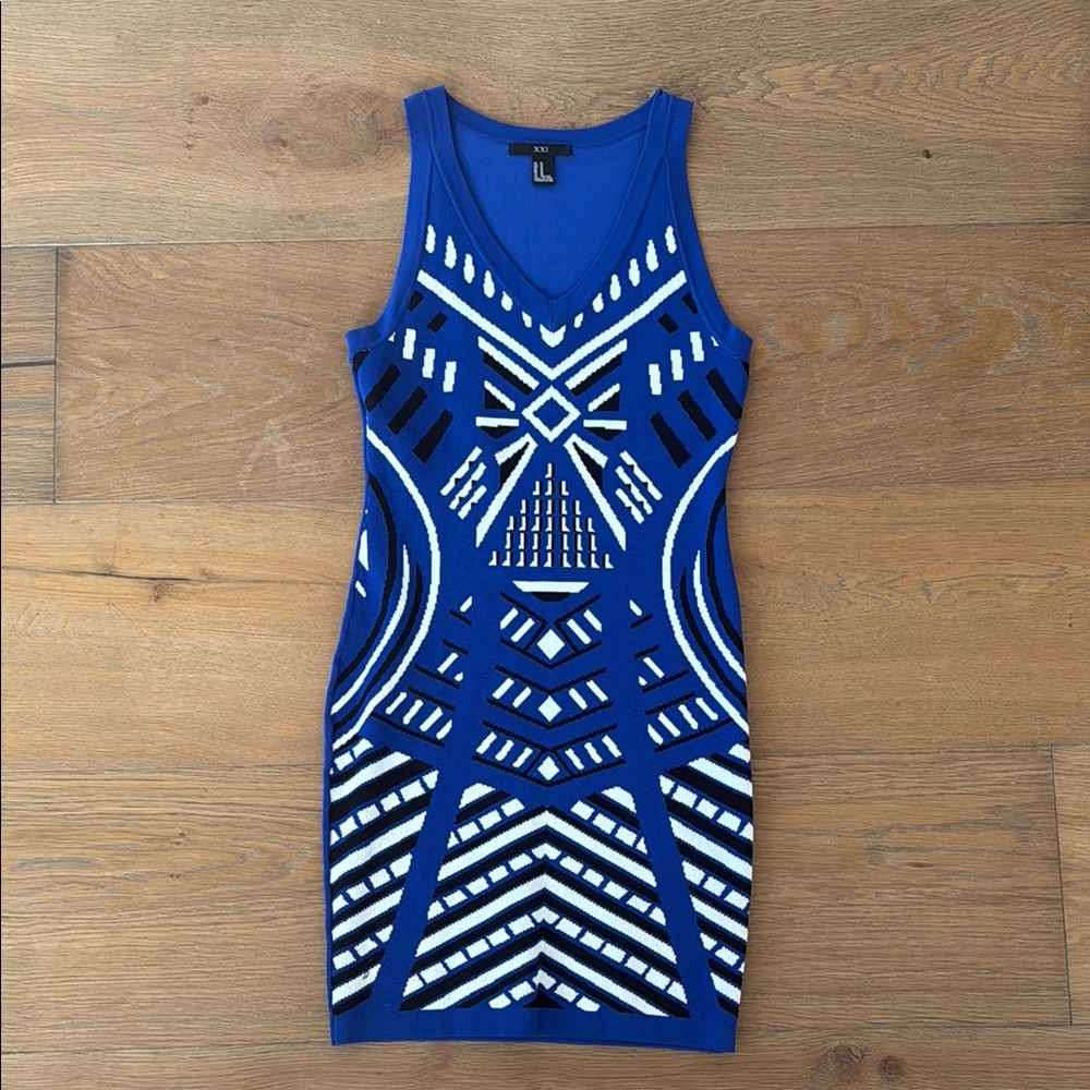 Blue Geometric Patterned Dress Bodycon Sweater Like Material Forever 21